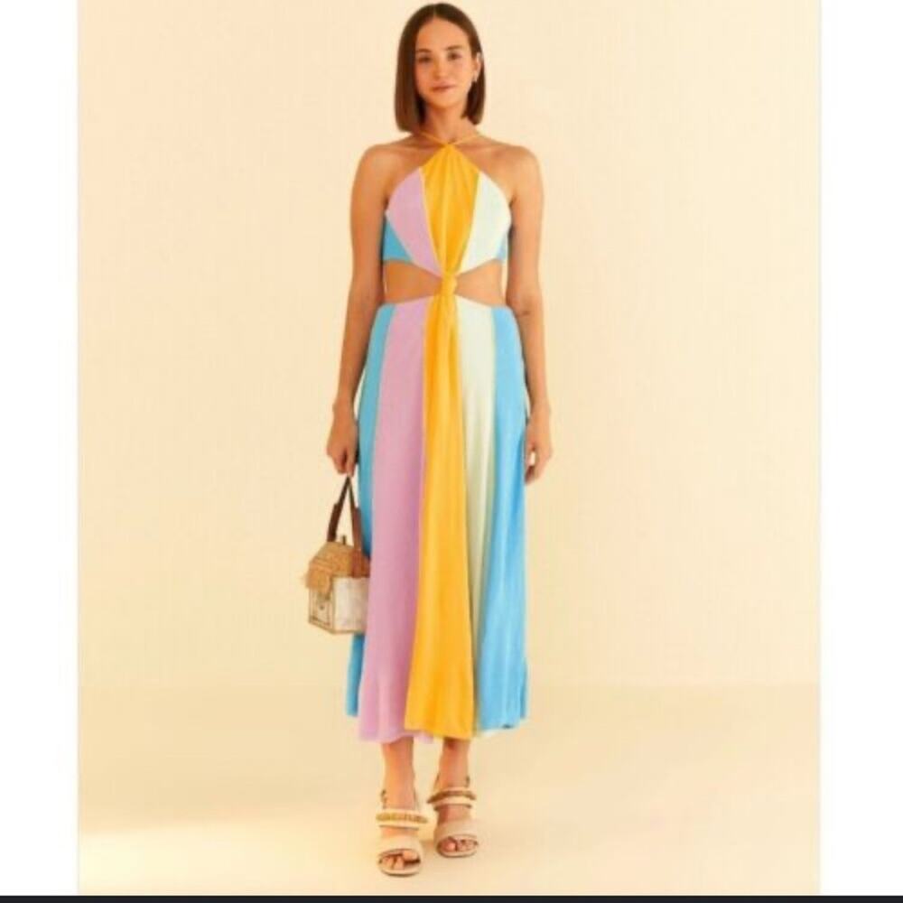 Colorblock Halter Cutout Maxi Dress - Pastel Yellow, Pink, Blue - Picture 2 of 6